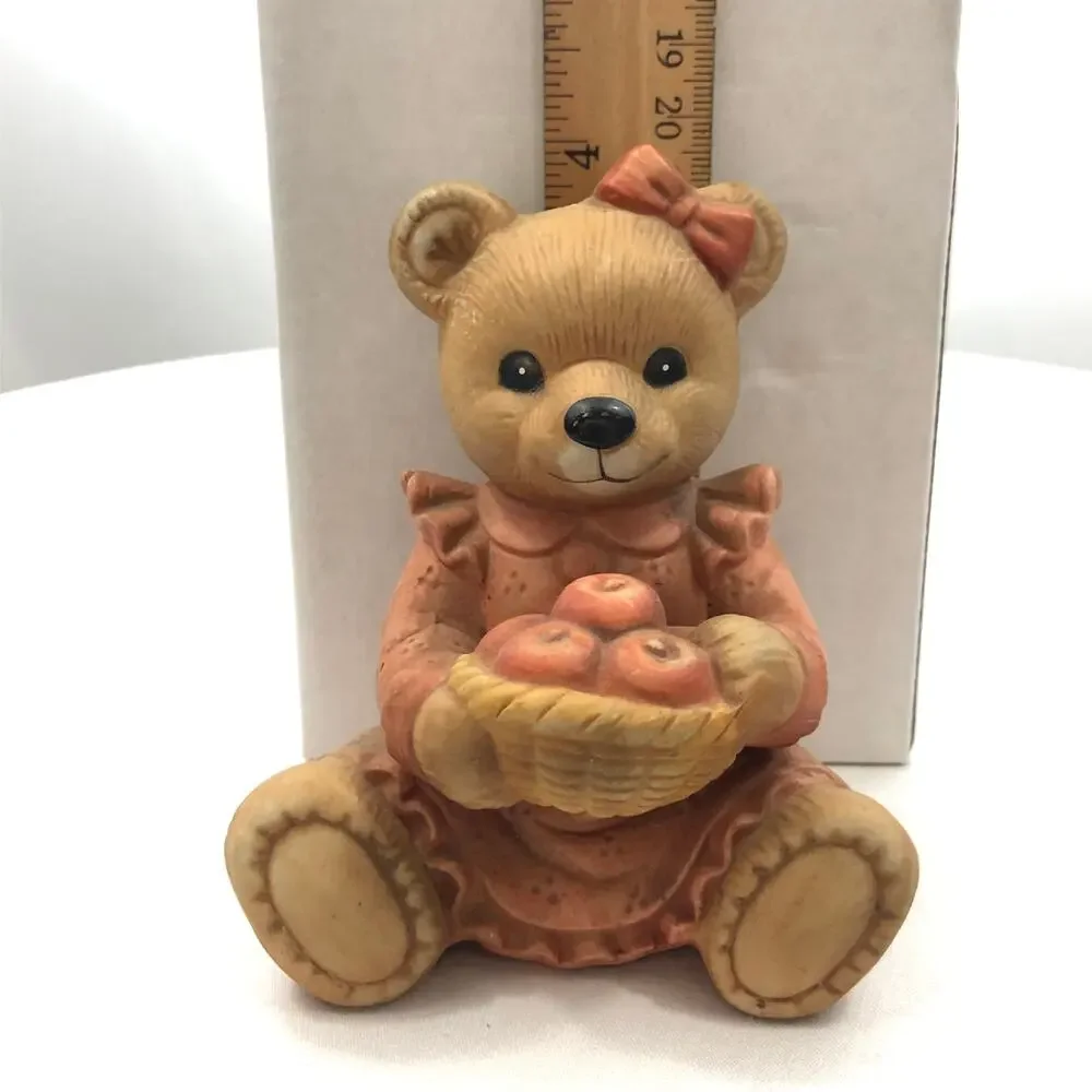 Teddy Bear With Basket Of Apples Figurine by Homco Girl #1425 Porcelain Vintage